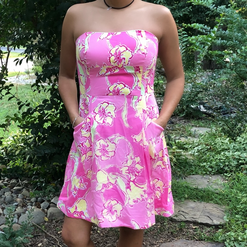 Lilly Pulitzer Hotty Pink Day Strapless Dress SZ.6 - Picture 3 of 6